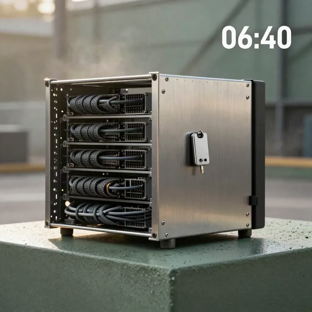 Brushed rack rails, fiber loops, SFP modules and a junction plate in a misty studio hero shot.