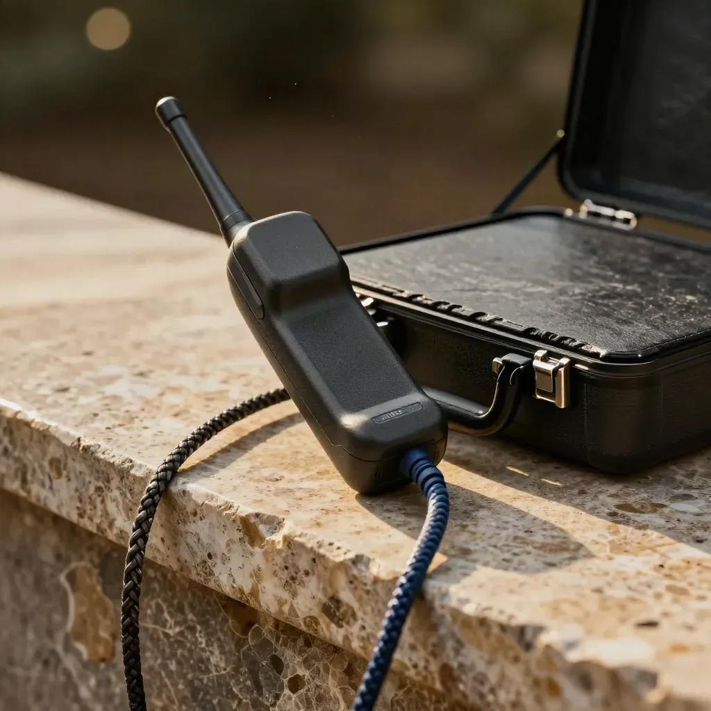 Radio handset, half-open equipment case and patch leads on a warm stone ledge in moody studio light