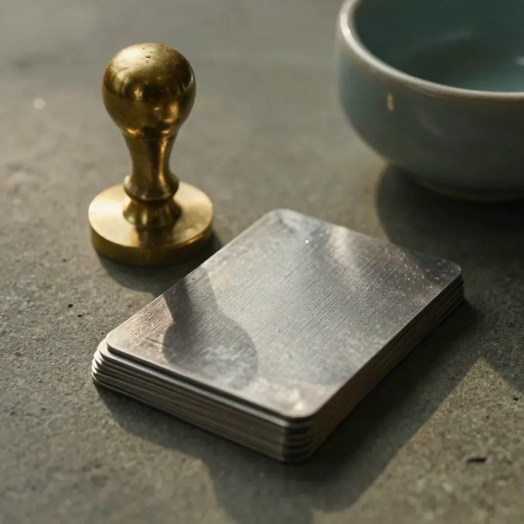 Brass seal, metal token cards, and ceramic paperweight on dark stone