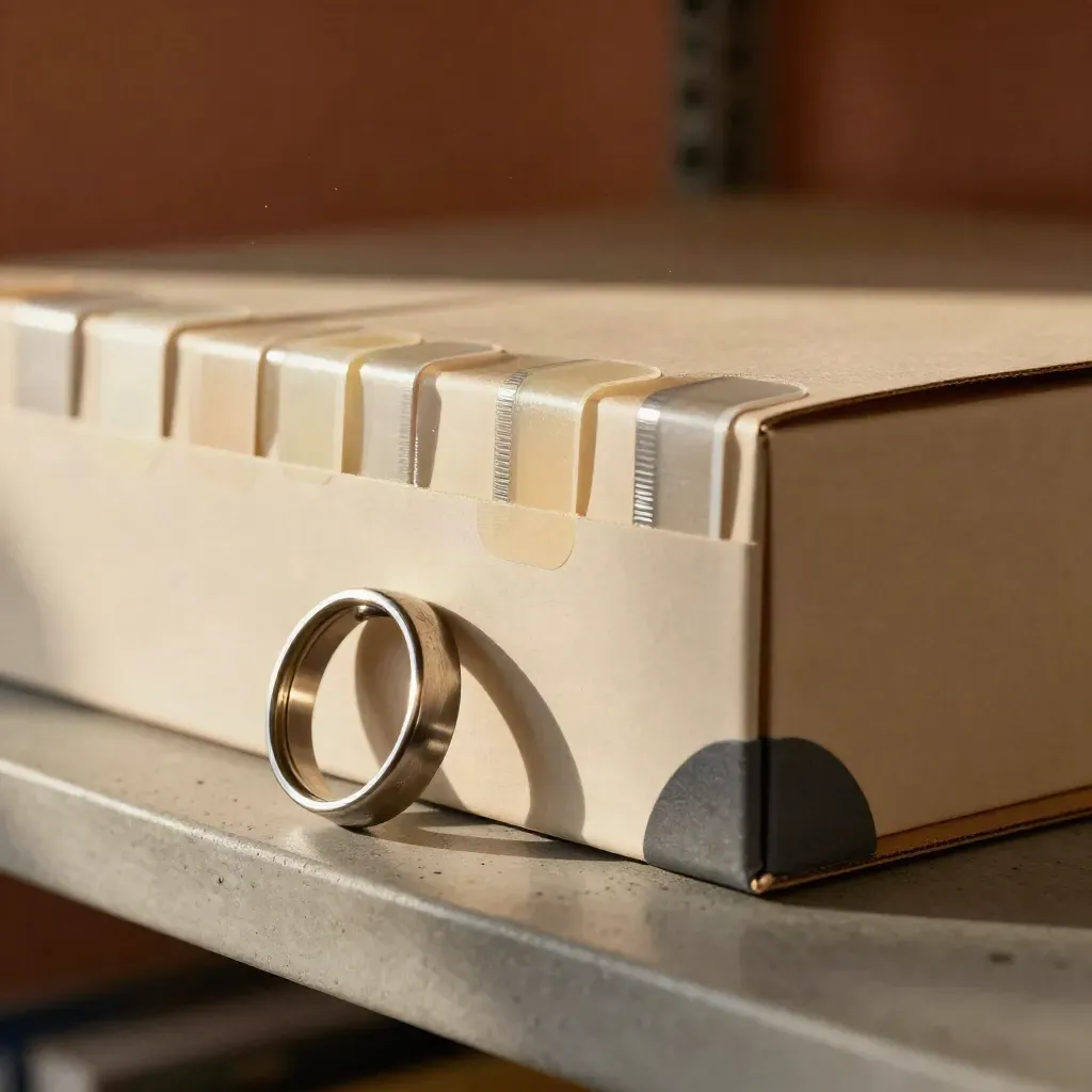 Tamper seals, archival boxes and a silver audit ring in moody close-up on a concrete shelf