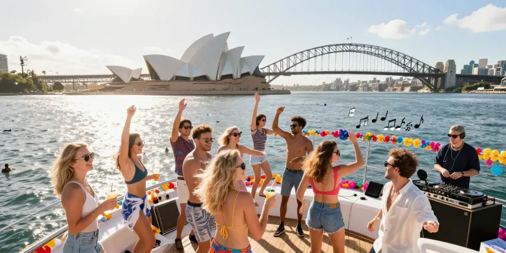 Enjoying a boat party in Sydney with friends on a luxury yacht against iconic landmarks.