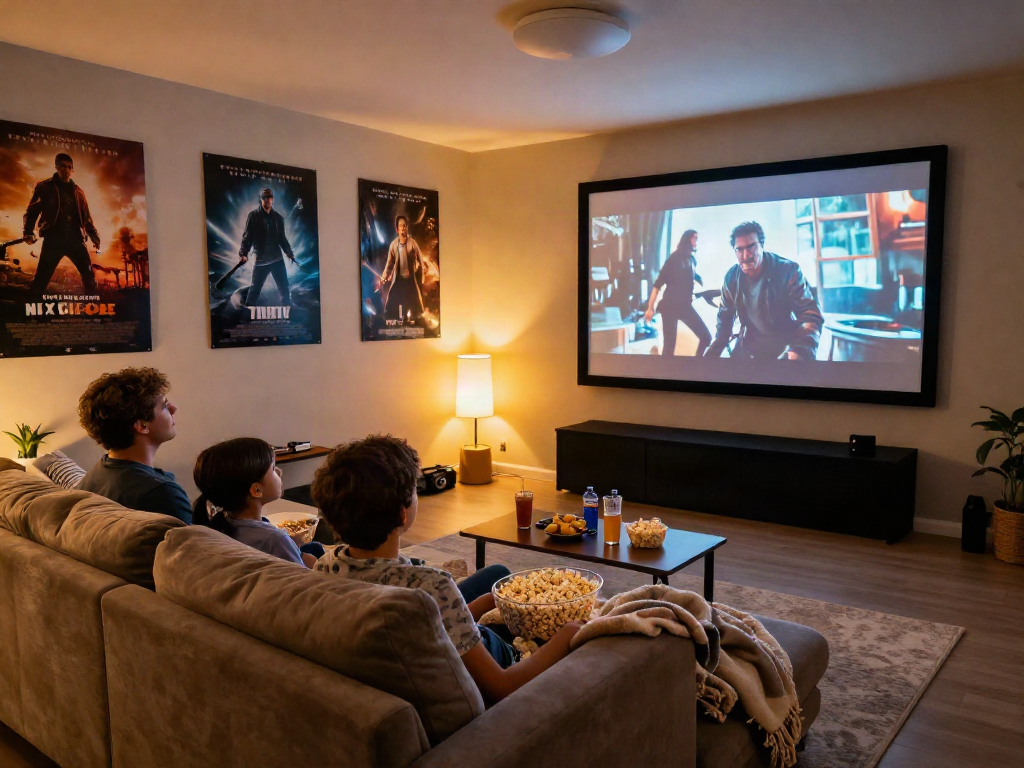 Family enjoying a Moviebox streaming night in a cozy home theater.