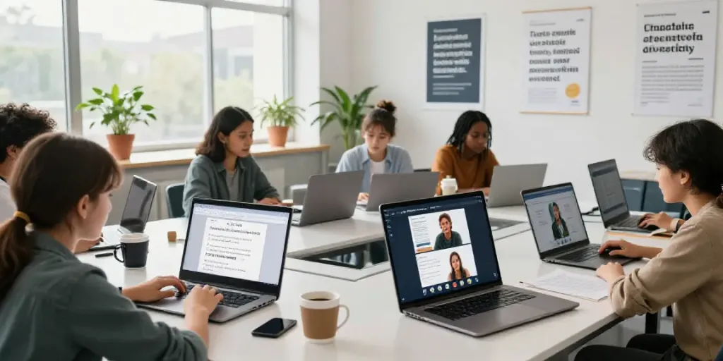 Toto's online English course environment featuring students engaging with interactive learning tools and bright educational settings.