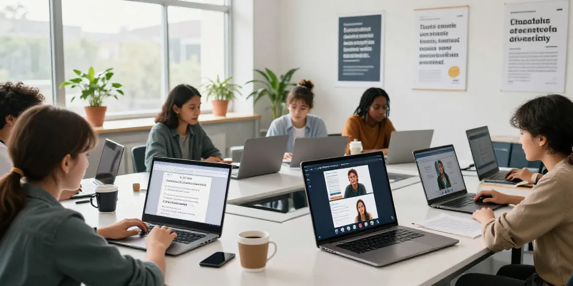 Toto's online English course environment featuring students engaging with interactive learning tools and bright educational settings.