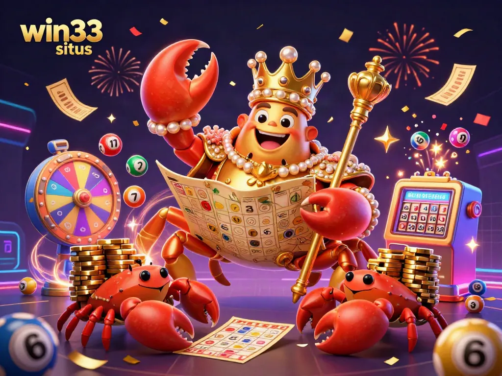 Experience the vibrant dynamics of win33 situs with colorful lottery elements and a majestic crab emperor in a festive 3D scene.