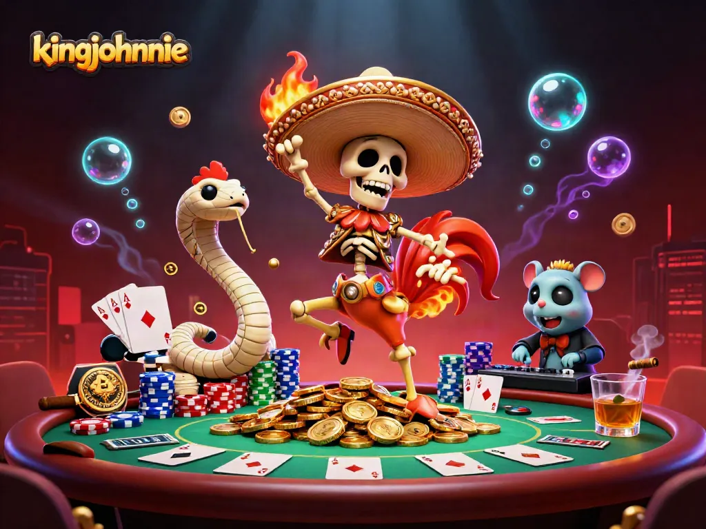 Experience the vibrant excitement of kingjohnnie Casino with captivating characters and poker elements.