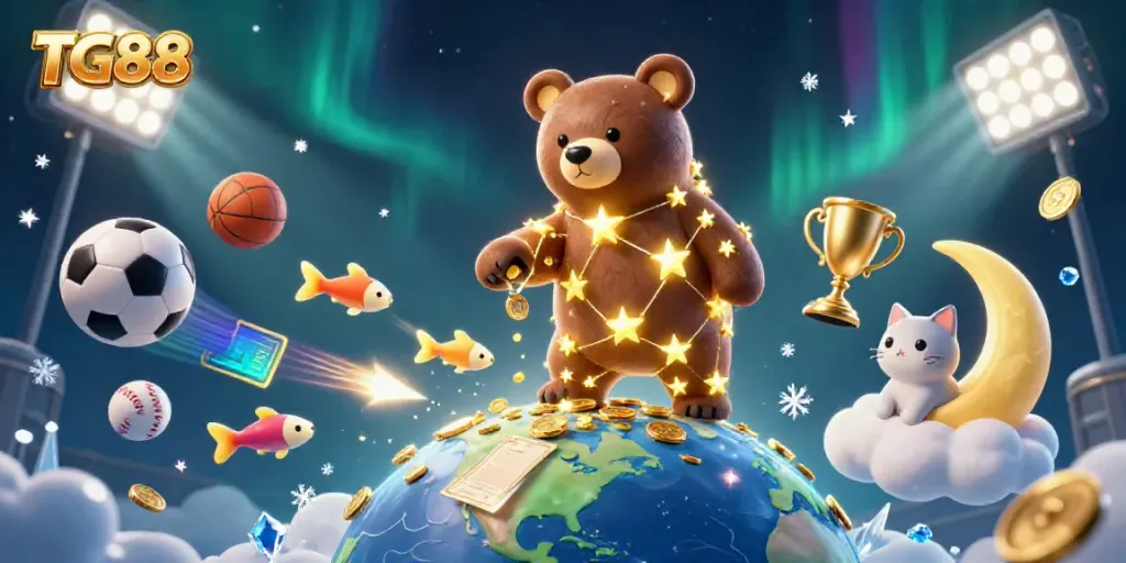 Experience the dynamic gaming world of TG88 with vibrant casino elements and playful characters.