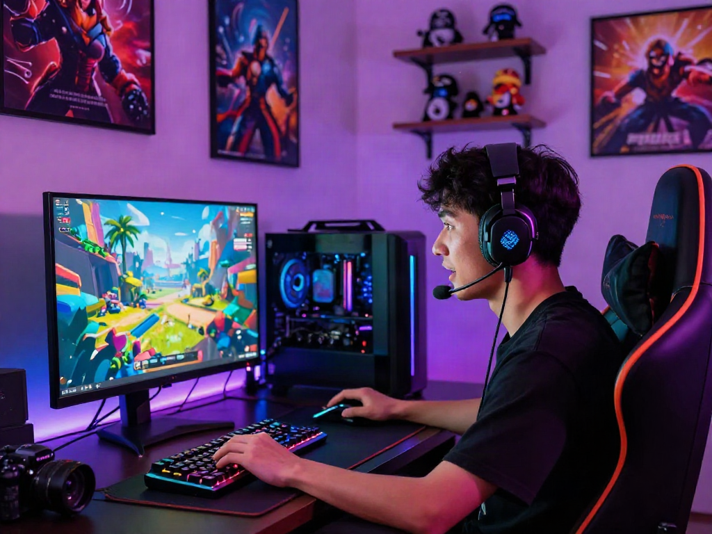 Pengaturan permainan online modern dengan gaming headset dan layar berwarna, luxury111 terintegrasi dalam suasana yang mengasyikkan.