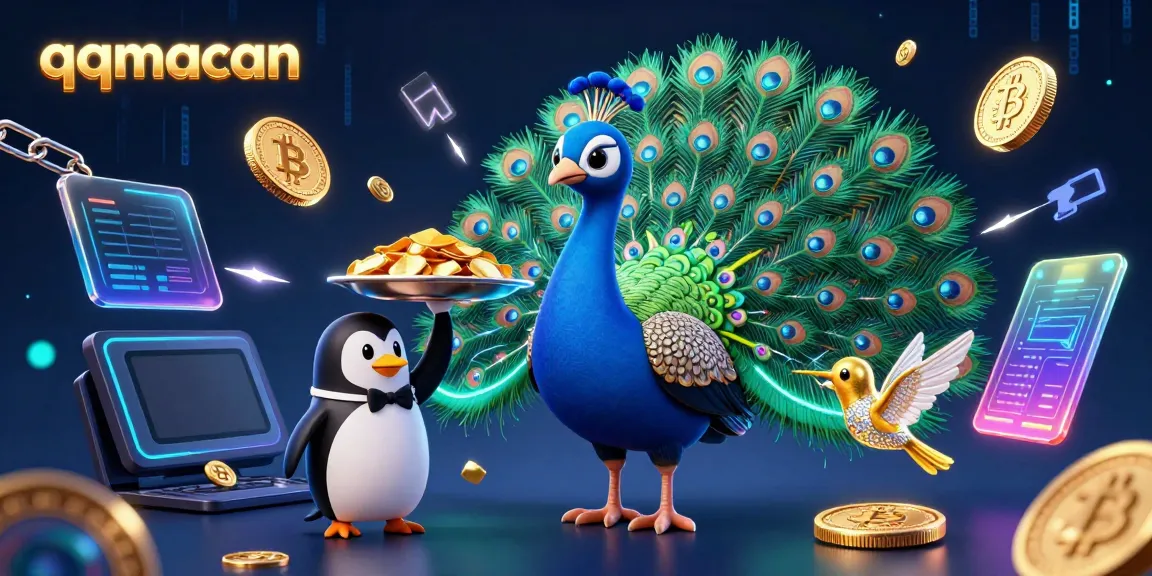 Experience excitement with qqmacan featuring a vibrant scene of a peacock, penguin, and hummingbird in a lively casino atmosphere.