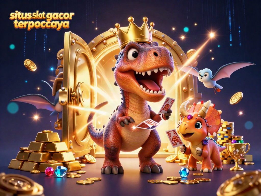 Situs slot gacor terpercaya with cartoon dinosaurs playing cards and stacking chips in a vibrant casino setting