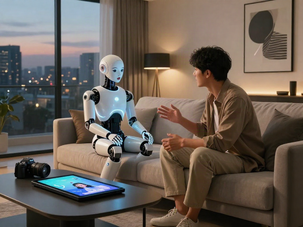 Engaging interaction with a lifelike sex bot in a modern living room setting showing evolving human-AI relationships.