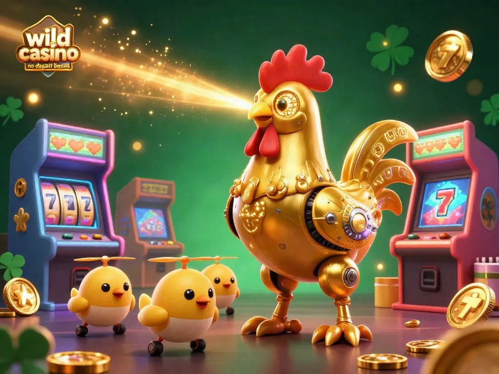 Engage with the wild casino no deposit bonus in a vibrant 3D scene filled with arcade games and gold.