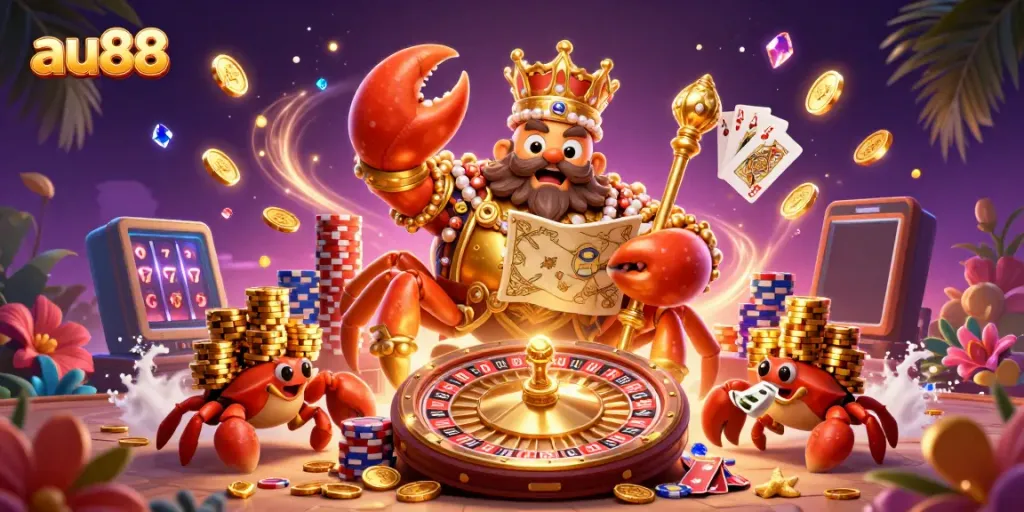 Experience the excitement of au88 with a majestic crab emperor ruling a vibrant casino scene filled with treasures and games.