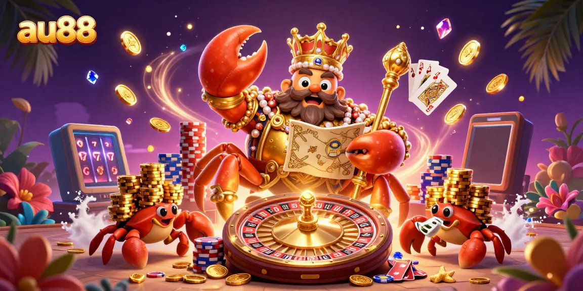 Experience the excitement of au88 with a majestic crab emperor ruling a vibrant casino scene filled with treasures and games.