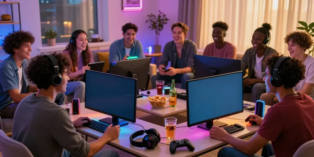 Kilat404 gaming scene with friends enjoying a multiplayer experience in a colorful living room.