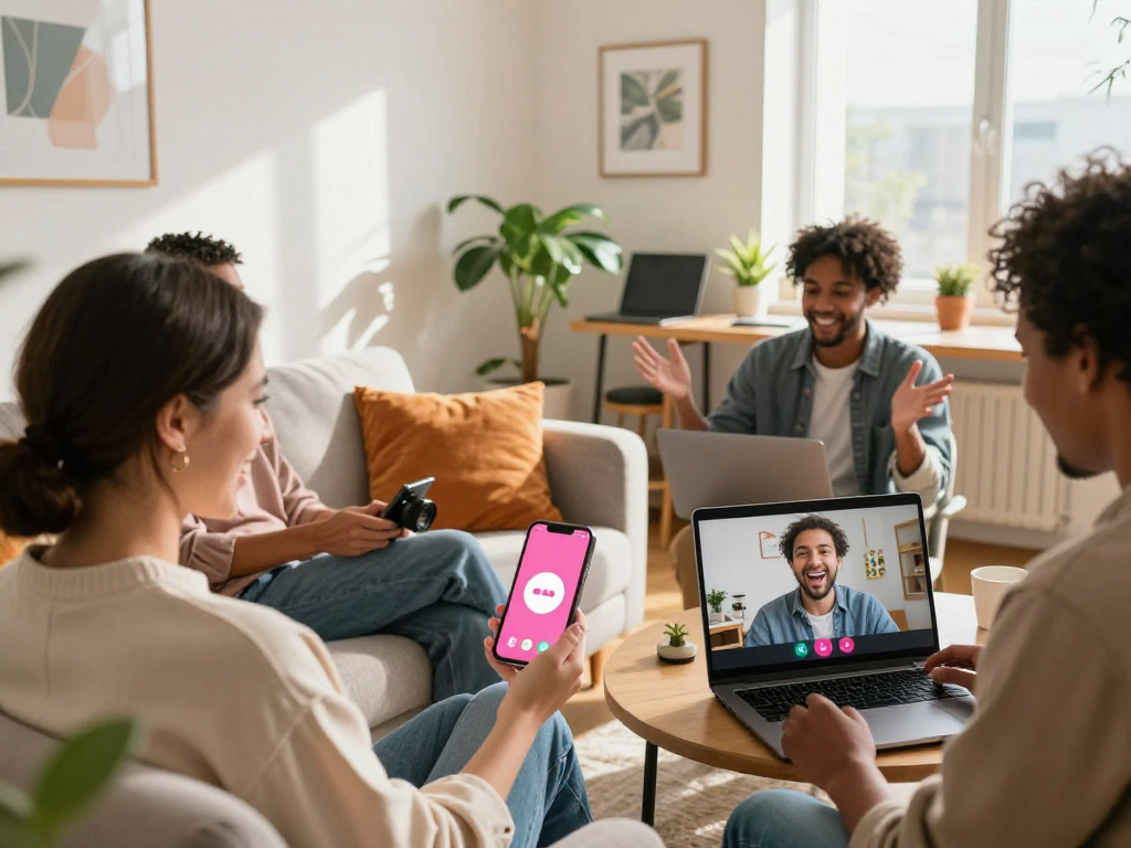 Enjoy vibrant connections through pink chat in cozy video call scenes.