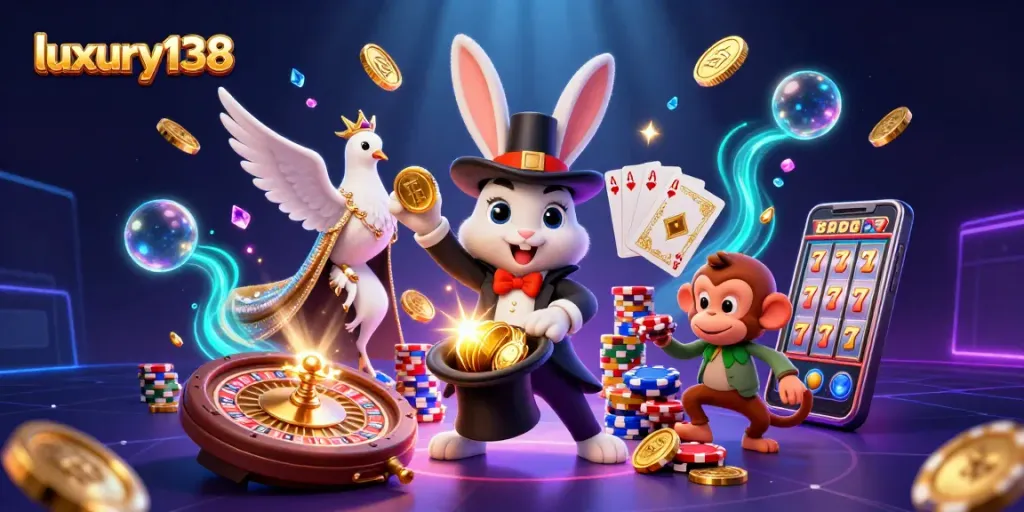 Win big at luxury138 with a magical scene of a magician rabbit, dove, and monkey amidst casino delights.