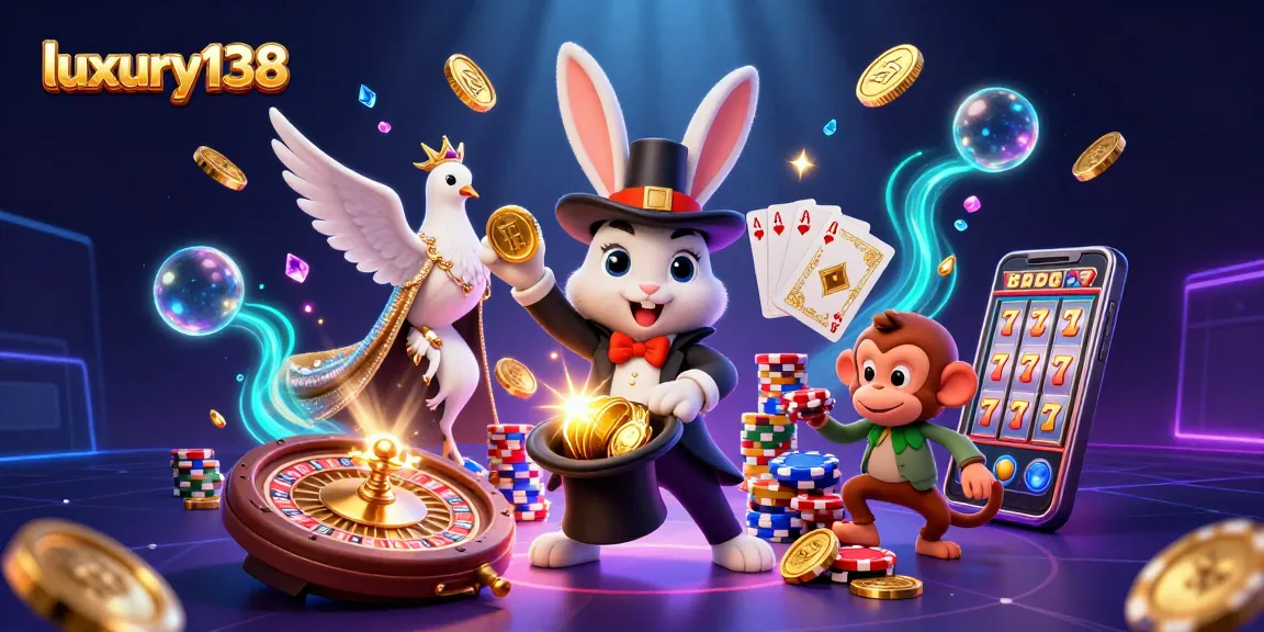 Win big at luxury138 with a magical scene of a magician rabbit, dove, and monkey amidst casino delights.
