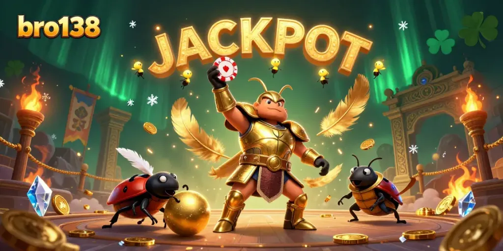 Experience the thrill of bro138 with a victorious hercules beetle showcasing a poker chip amidst a vibrant gambling scene.