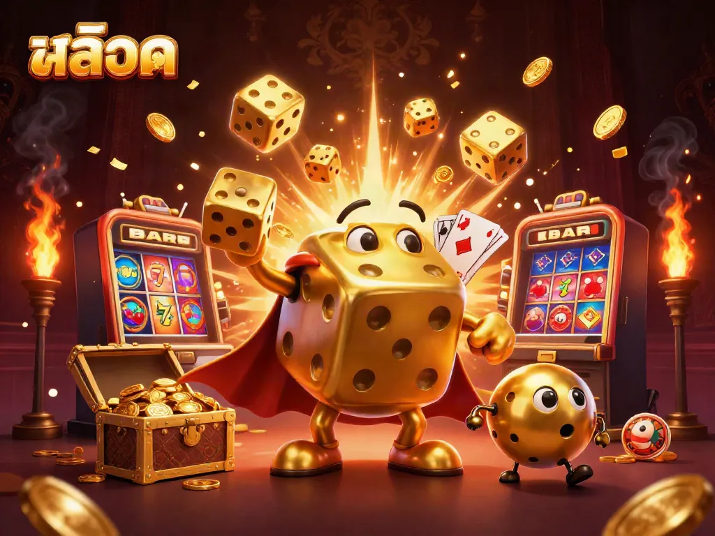 Experience thrilling สล็อต action with a dynamic 3D illustration showcasing golden dice and slot machines bursting with excitement.