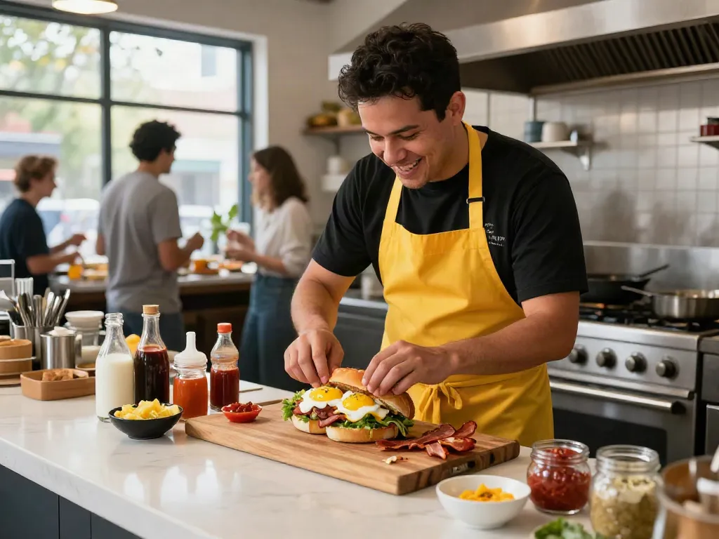 Best breakfast Austin: Chef assembling NYC-inspired breakfast sandwiches in a vibrant kitchen.