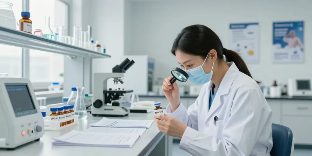 Buy BPC-157 peptide in a modern laboratory setting with researcher focused on analysis.
