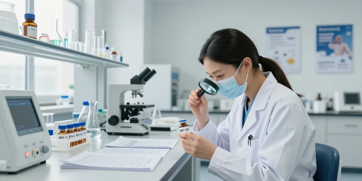 Buy BPC-157 peptide in a modern laboratory setting with researcher focused on analysis.