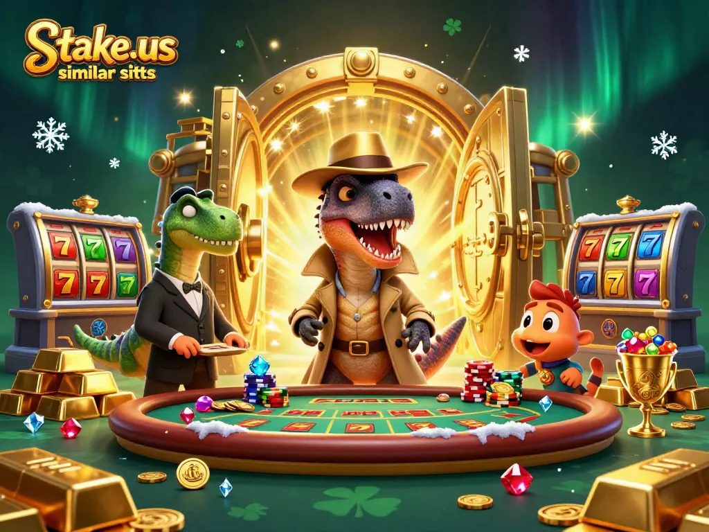 Play exciting games at stake.us similar sites with cartoon characters in a vibrant casino scene.
