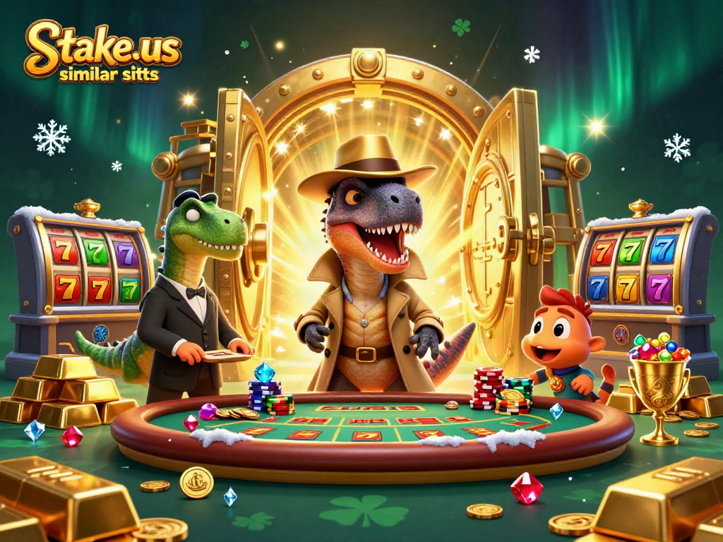 Play exciting games at stake.us similar sites with cartoon characters in a vibrant casino scene.
