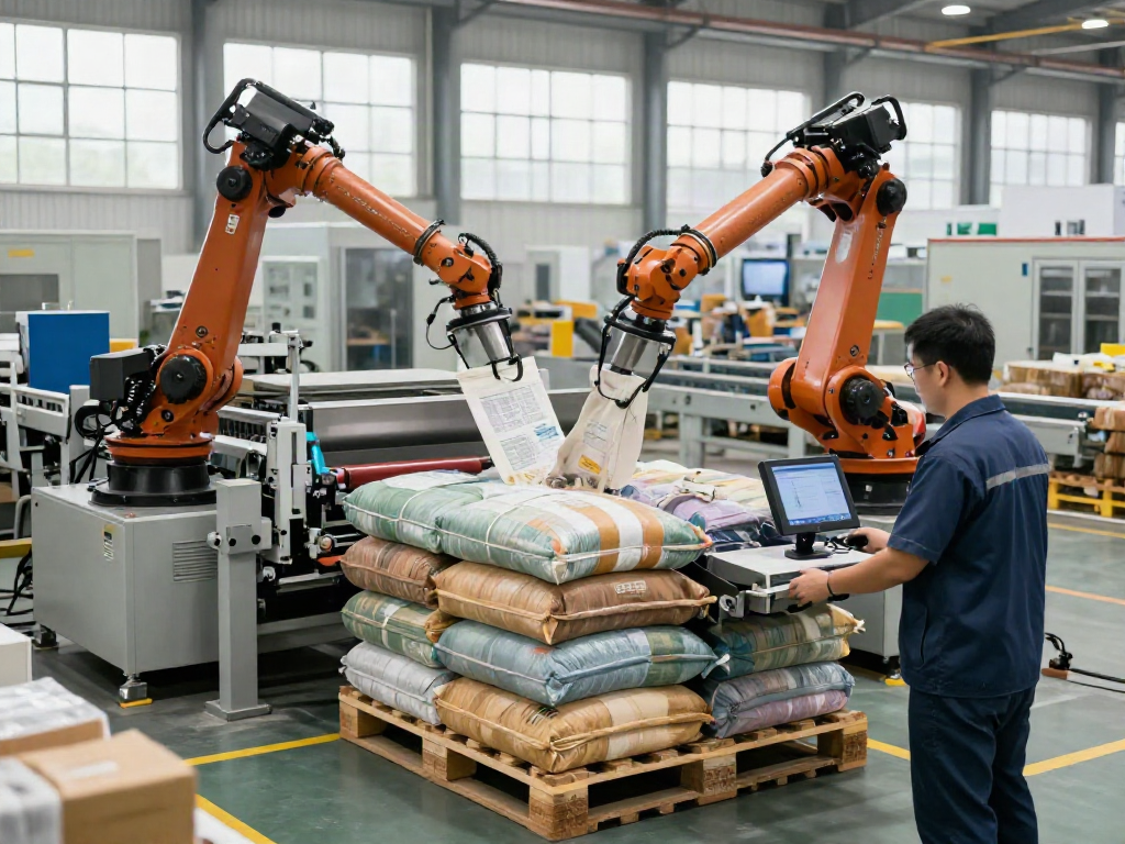Automatic bag palletizer machine stacking bags efficiently in a modern warehouse setup.