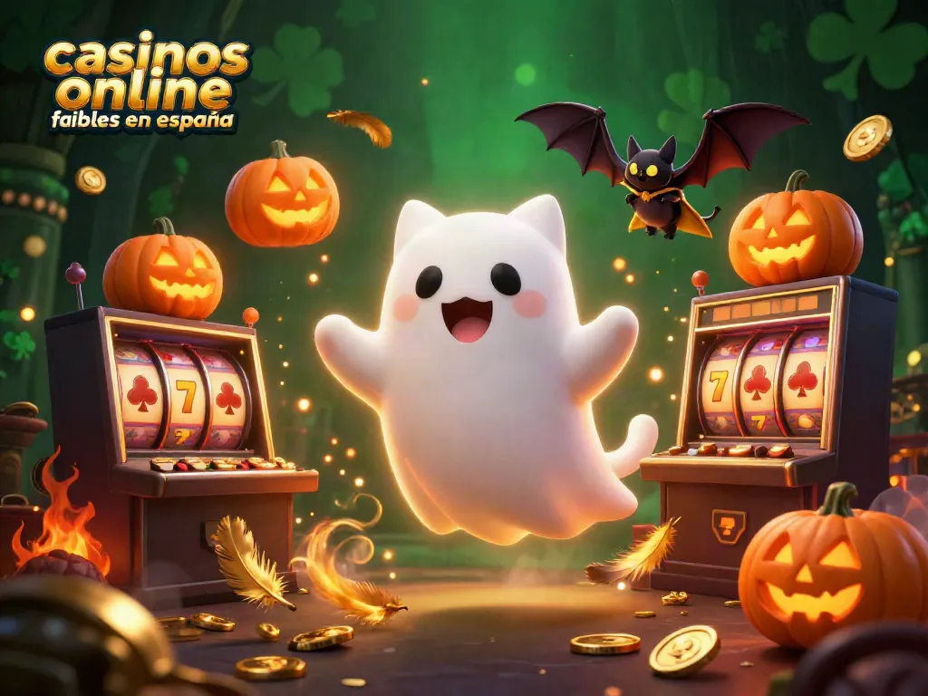 Juega en casinos online fiables en España rodeado de un gato fantasma y un murciélago en un casino encantado.
