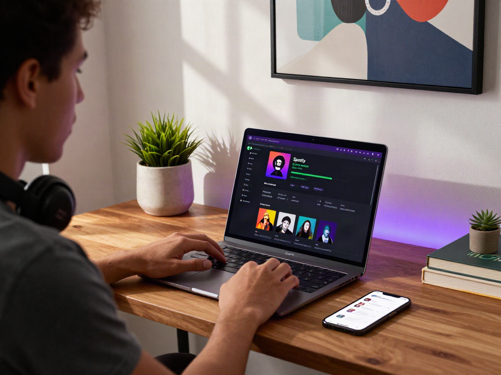 Exploring a spotify mod app features on a sleek laptop in a modern home office