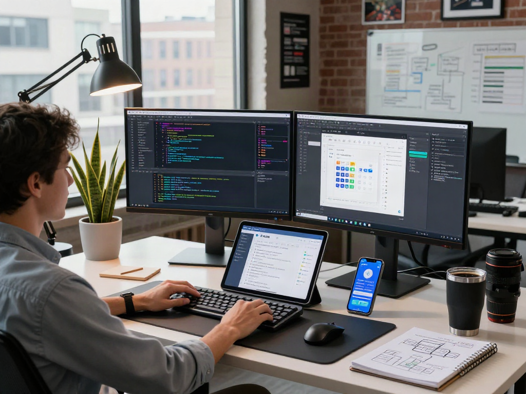 Discover More details on poshuk.info through an engaging tech workspace featuring a developer at dual monitors.