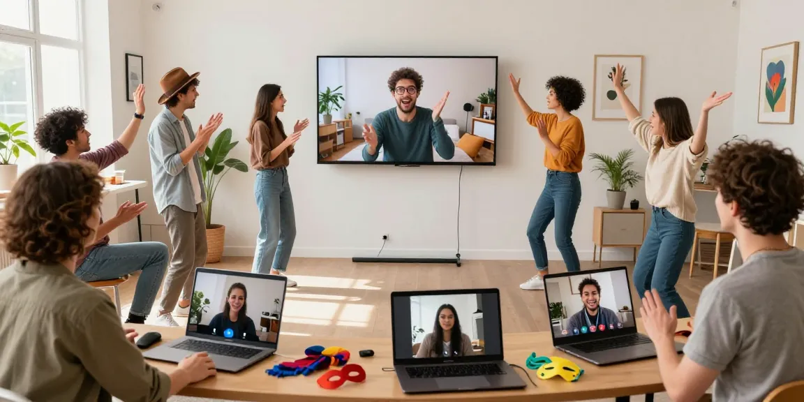 Online improv classes in vibrant virtual studio with diverse participants engaging, showcasing creativity and collaboration.