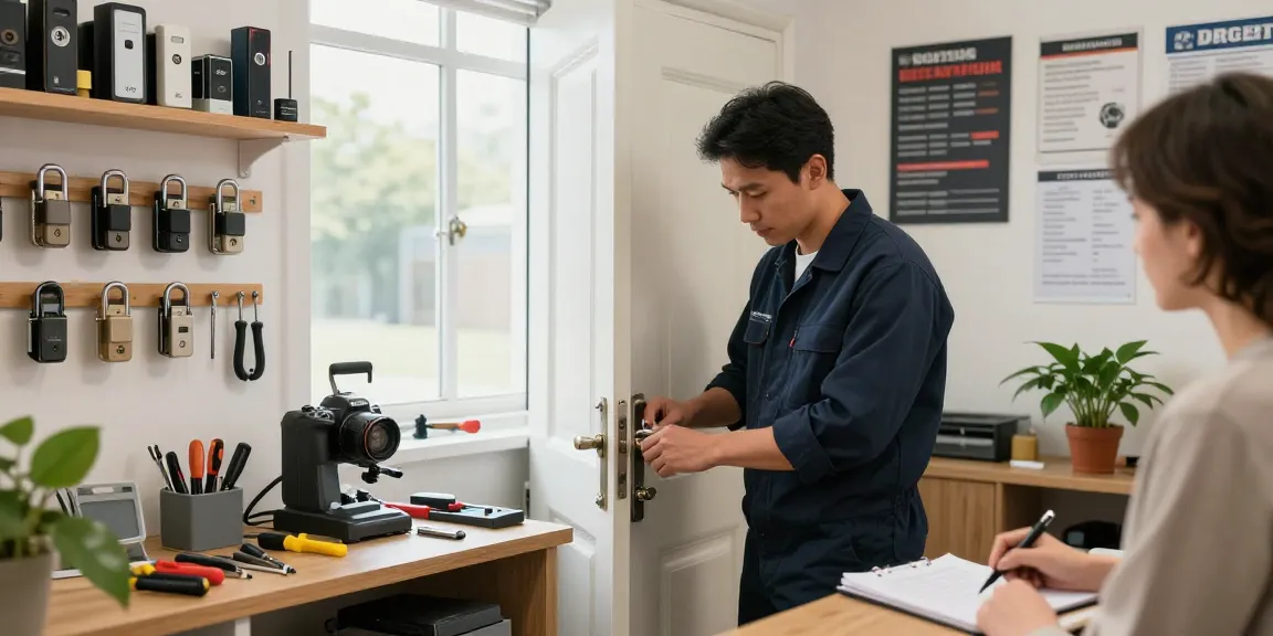 Locksmith Raleigh NC repairing a door lock in a bright workshop, showcasing tools and security systems.
