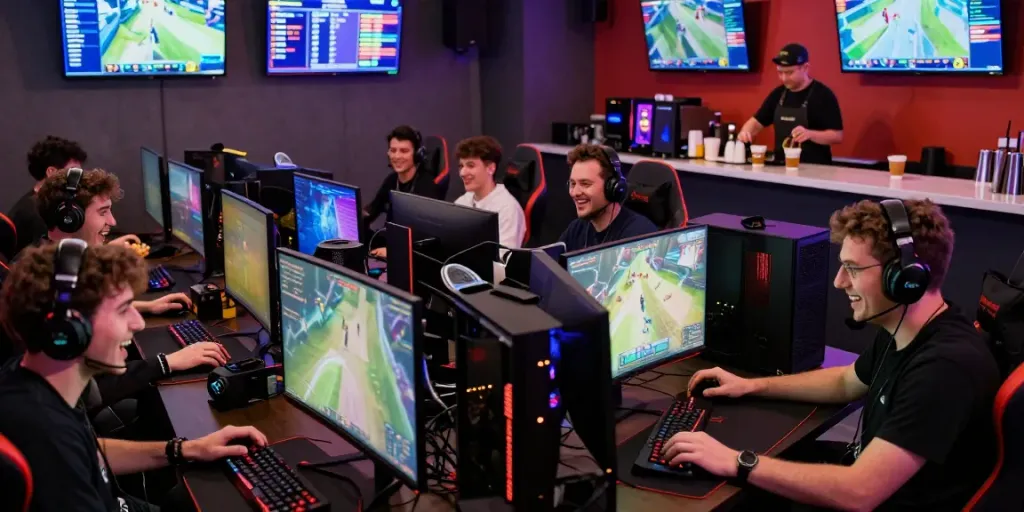 Engaged players at a gaming lounge enjoying qqmacan multiplayer sessions with vibrant ambiance.