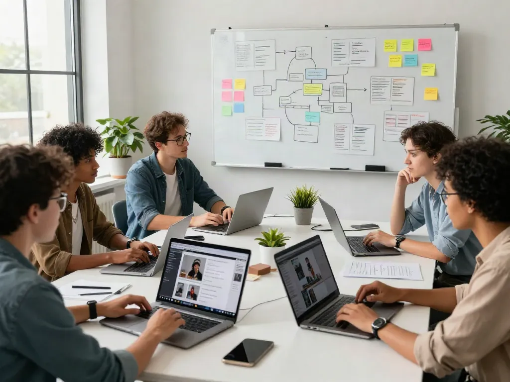 Content creators collaborating in a modern office, showcasing diverse media formats.