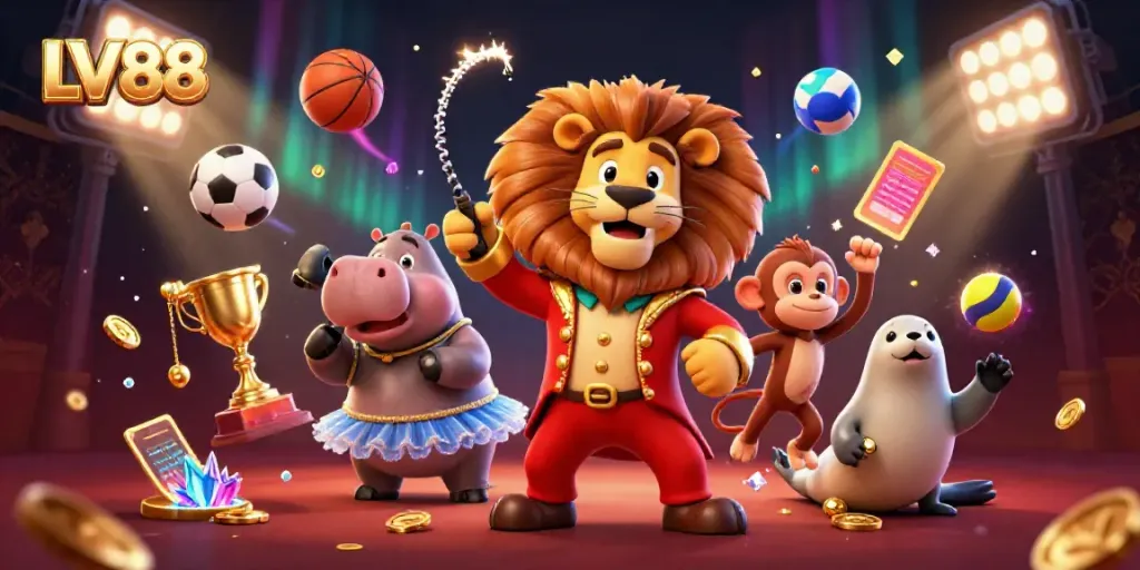 Experience exciting gaming adventures at LV88 with lively casino-themed characters and vibrant elements.
