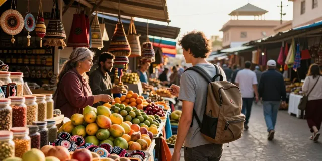 Traveler engaging with local vendors at vibrant market showcasing travel tour companies.