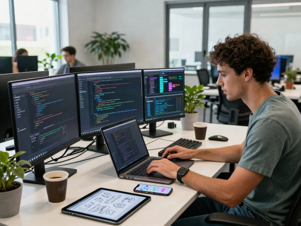Creative developer coding pikashow apk in a modern workspace filled with tech tools