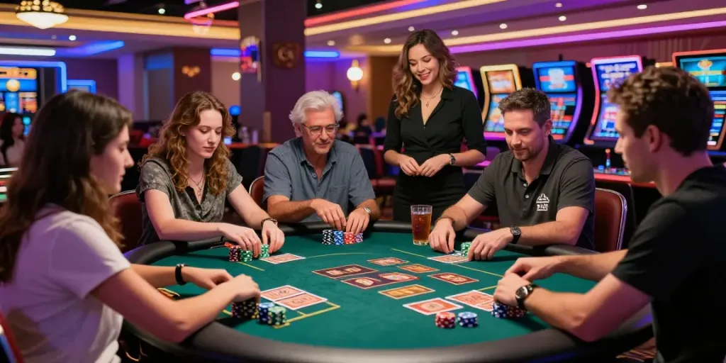 Players enjoying lively card games at casinos not on gamstop with vibrant lighting and atmosphere.