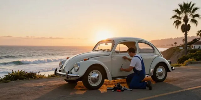 Inspecting vintage Volkswagen air-cooled vehicle at sunset by http://www.aircooledapps.com.