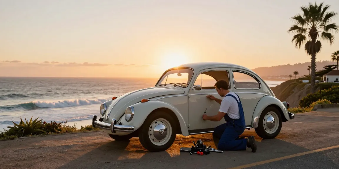 Inspecting vintage Volkswagen air-cooled vehicle at sunset by http://www.aircooledapps.com.