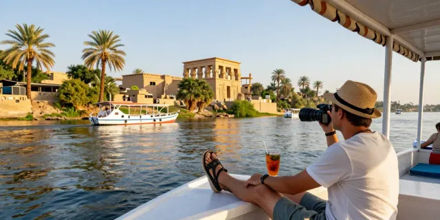 Traveler enjoying Nile River cruises with ancient temples in the background.