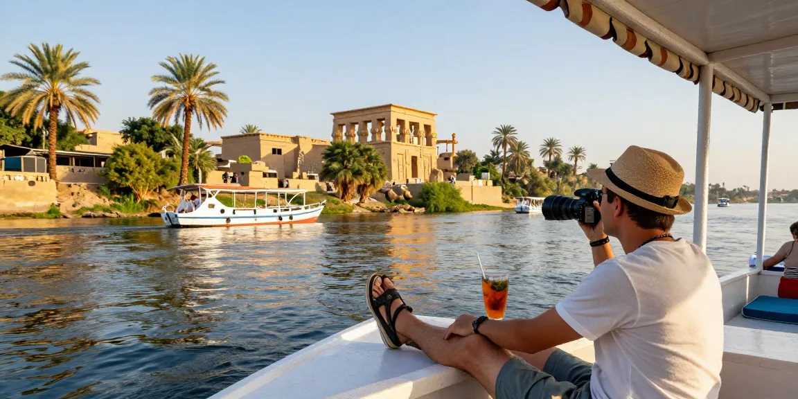 Traveler enjoying Nile River cruises with ancient temples in the background.