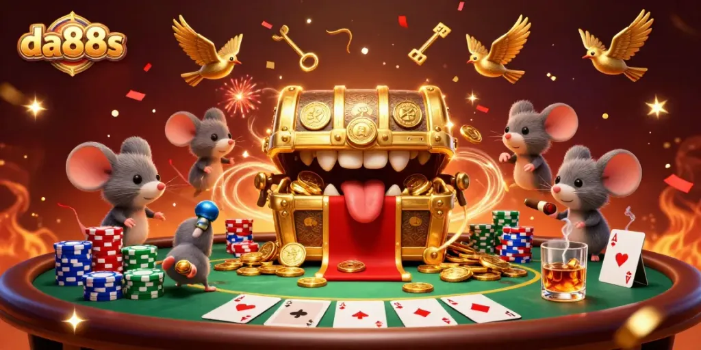 Experience winning with da88s at a colorful poker showdown surrounded by treasures.