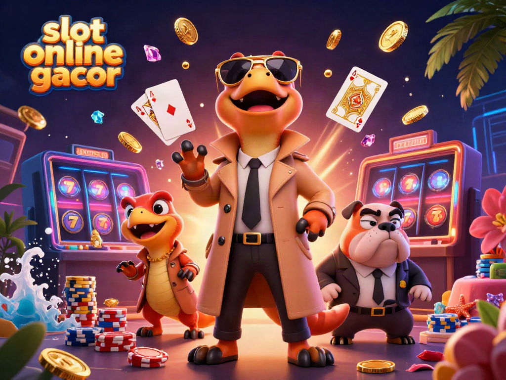 Engage in the excitement of slot online gacor with raptors seeking their VIP access, surrounded by vibrant casino elements.