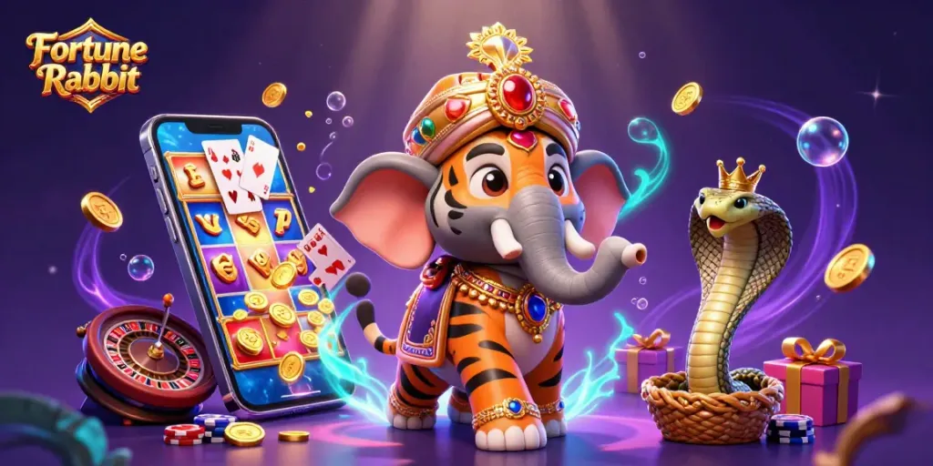 Spin the reels in the exciting Fortune Rabbit slot, surrounded by vibrant gaming elements.