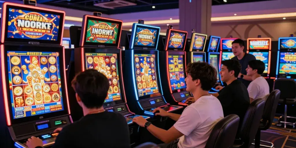Engaging scene of players enjoying slot machines, demonstrating the excitement of link alternatif proplay88 in an online gaming environment.
