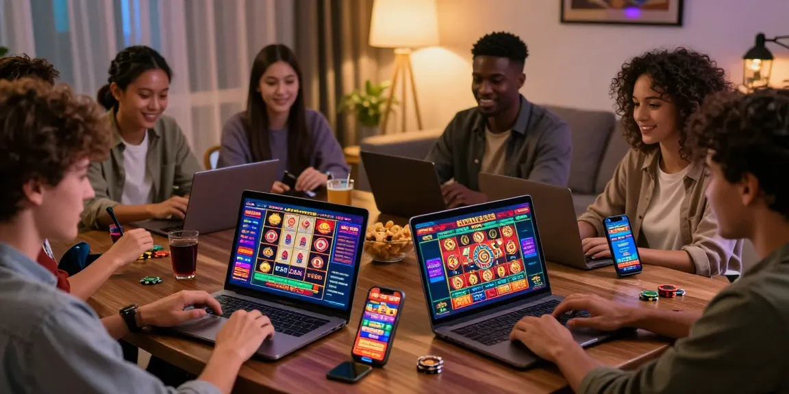 Exciting casino online gaming session at home with players using laptops and mobiles.